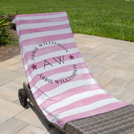 Monogram gepersonaliseerde roze strepen strandlaken