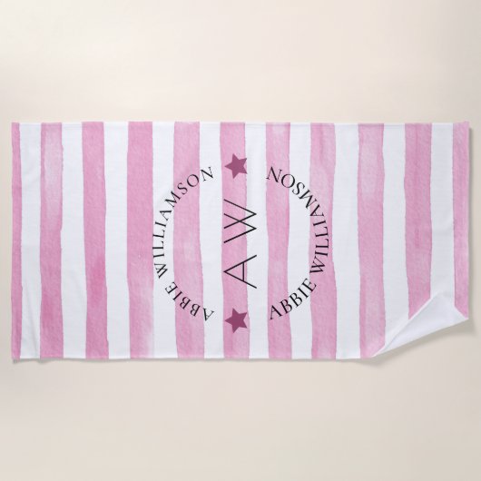 Monogram gepersonaliseerde roze strepen strandlaken (Voorkant)