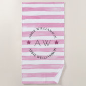 Monogram gepersonaliseerde roze strepen strandlaken (Voorkant)