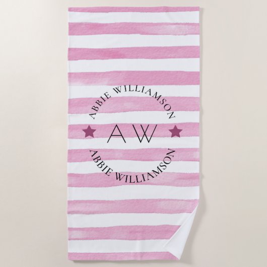 Monogram gepersonaliseerde roze strepen strandlaken (Voorkant)