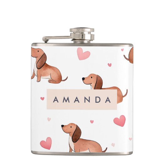 Monogram gepersonaliseerde Schattigee teckel hond Heupfles (Voorkant)