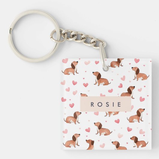 Monogram gepersonaliseerde Schattigee teckel hond Sleutelhanger (Voorkant)