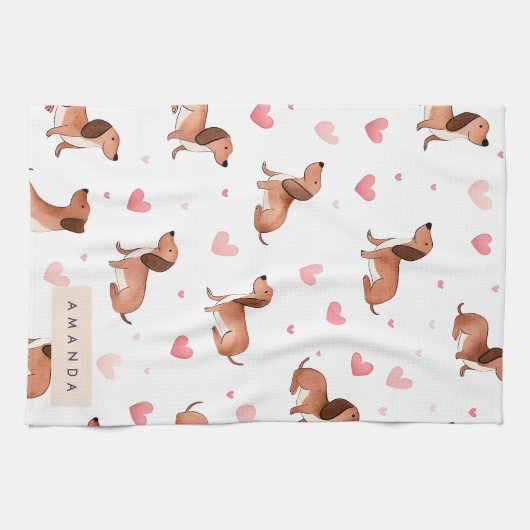 Monogram gepersonaliseerde Schattigee teckel hond Theedoek (Horizontaal)