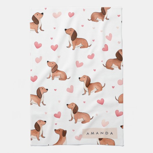 Monogram gepersonaliseerde Schattigee teckel hond Theedoek (Verticaal)