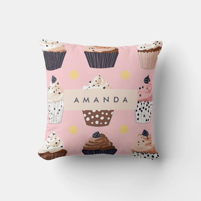 Monogram gepersonaliseerde Schattigee zoete cupcak Kussen (Voorkant)