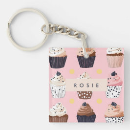 Monogram gepersonaliseerde Schattigee zoete cupcak Sleutelhanger