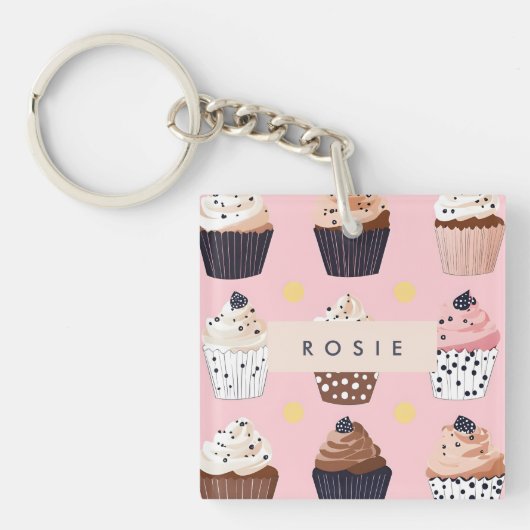 Monogram gepersonaliseerde Schattigee zoete cupcak Sleutelhanger (Voorkant)