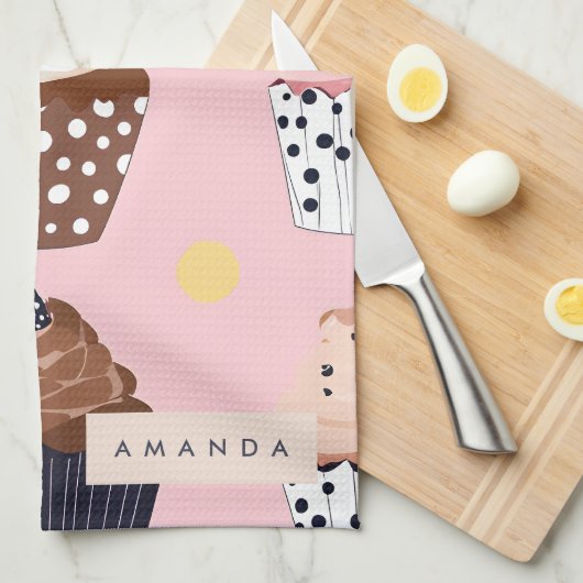 Monogram gepersonaliseerde Schattigee zoete cupcak Theedoek (Quarter Fold)