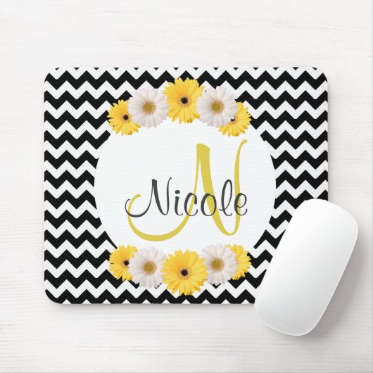 Monogram Gepersonaliseerde zwarte witte chevron Da Muismat (Met muis)