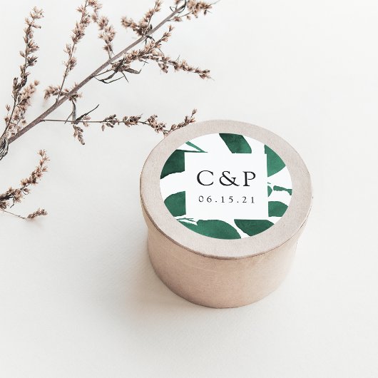 Monogram geperste botanische bruiloft ronde sticker