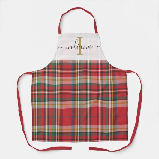 Monogram Geplakt rood Groen Manuscript Rustic Schort (Voorkant)