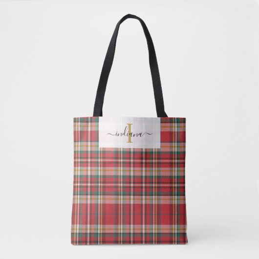 Monogram Geplakt rood Groen Manuscript Rustic Tote Bag (Voorkant)