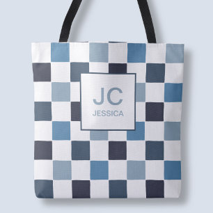 Monogram geruit blauw modern eenvoudig initialen c tote bag