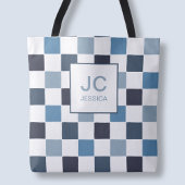 Monogram geruit blauw moderne eenvoudige initialen tote bag