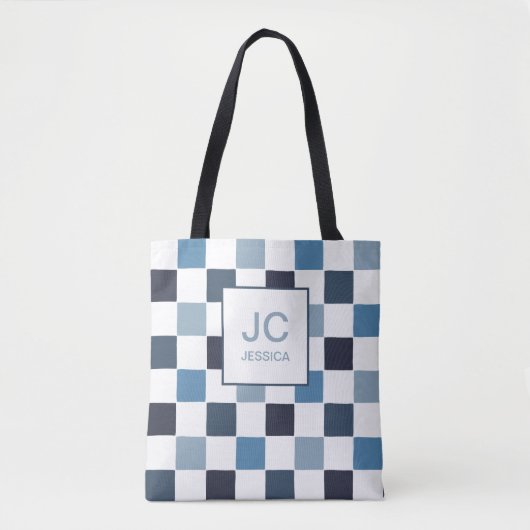 Monogram geruit blauw moderne eenvoudige initialen tote bag (Voorkant)