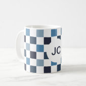 Monogram Geruit Blauw Wit Modern Eenvoudig Koffiemok (Voorkant links)