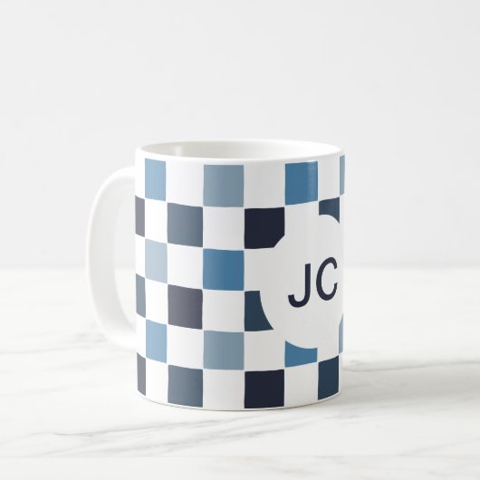 Monogram Geruit Blauw Wit Modern Eenvoudig Koffiemok (Voorkant links)