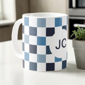 Monogram Geruit Blauw Wit Modern Eenvoudig Koffiemok