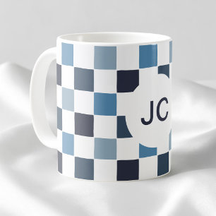 Monogram Geruit Blauw Wit Modern Eenvoudig Koffiemok