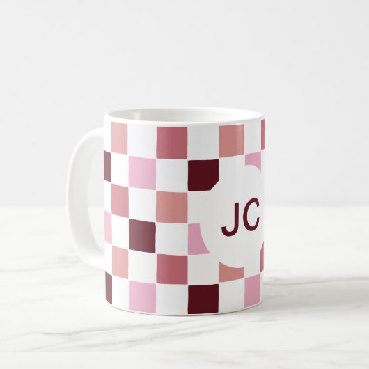 Monogram Geruit Roze Bourgogne Modern Eenvoudig Koffiemok (Voorkant links)