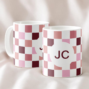 Monogram geruit roze burgundy modern eenvoudig koffiemok
