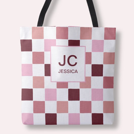 Monogram geruit roze rood modern eenvoudig initial tote bag