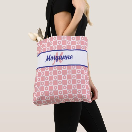 Monogram Geruite Blush Roze Bloemen Tote Bag (Dichtbij)
