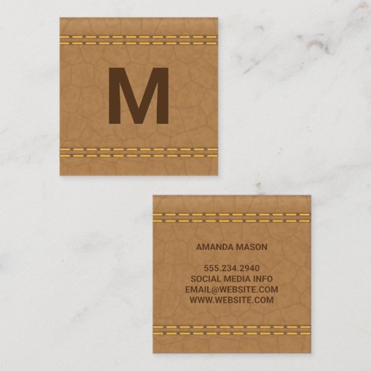 Monogram | gestikt leer vierkante visitekaartje (Voorkant / Achterkant)