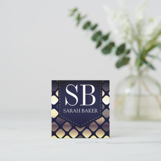 Monogram Gestikte Leer | Luxe Geometrisch Vierkante Visitekaartje (Staand voorkant)