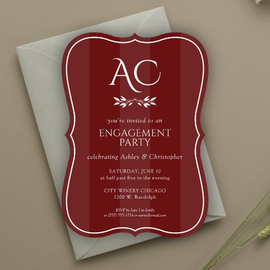 Monogram Gestreepte Rosewood Red Engagement Party Kaart