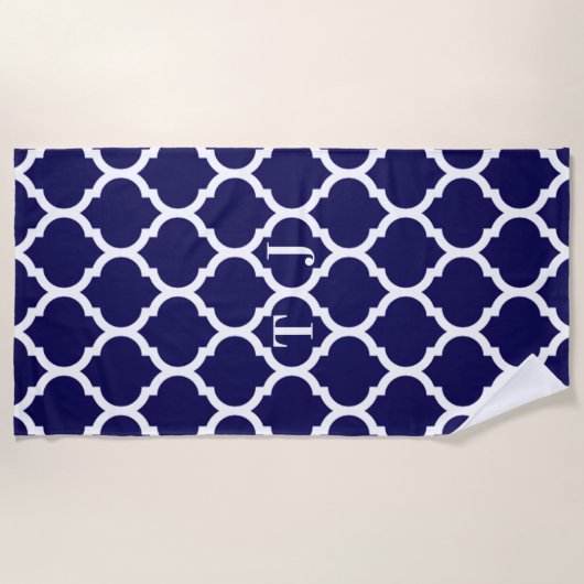 Monogram geweldige Navy Blue Quatrefoil Pattern Strandlaken (Voorkant)