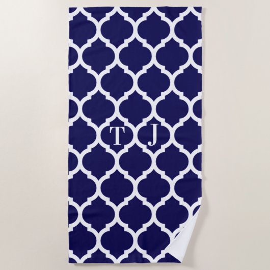 Monogram geweldige Navy Blue Quatrefoil Pattern Strandlaken (Voorkant)
