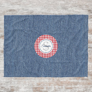 Monogram, Gezellig Blauw Denim & Rood Check Print Fleece Deken