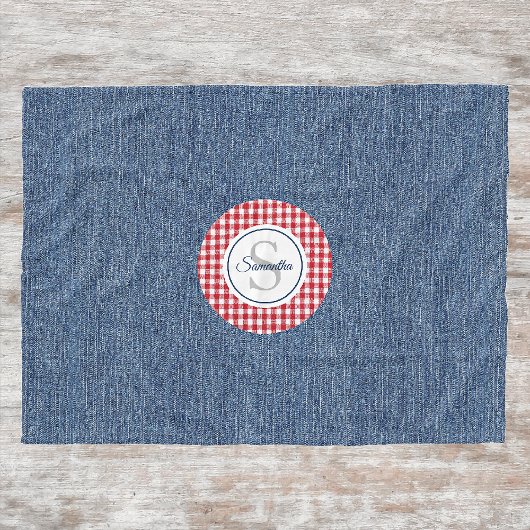 Monogram, Gezellig Blauw Denim & Rood Check Print Fleece Deken