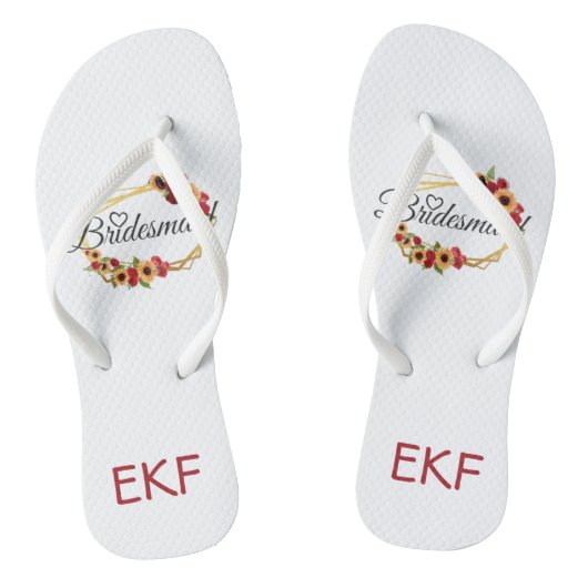 Monogram Gift voor Bruidsmeisje Rood Geel Bloemen Teenslippers (Voetbed)
