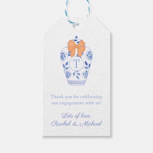 Monogram Ginger Jar Sinaasappel strik bruiloft dou Cadeaulabel (Voorkant)