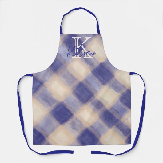 Monogram gingham plaid blauwe crème kalligrafie ma schort (Voorkant)