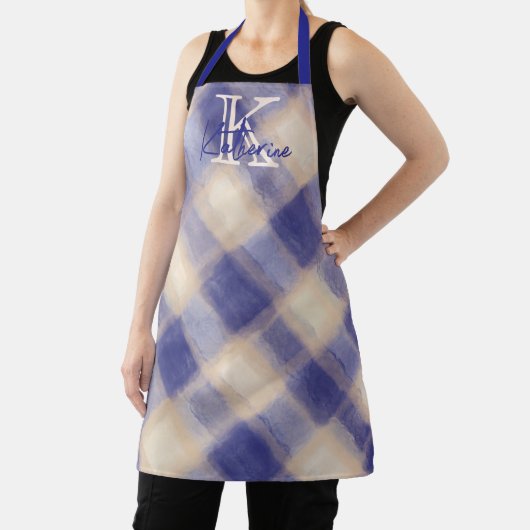 Monogram gingham plaid blauwe crème kalligrafie ma schort (Insitu)