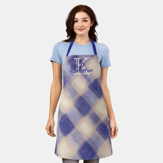 Monogram gingham plaid blauwe crème kalligrafie ma schort (Gedragen)