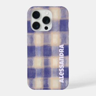 Monogram gingham plaid marineblauw beige boerderij iPhone 15 pro case