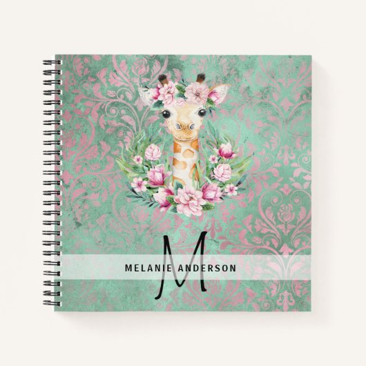 Monogram GIRAFFE Boho Bloemen Mooie Meisjesachtige Notitieboek (Voorkant)