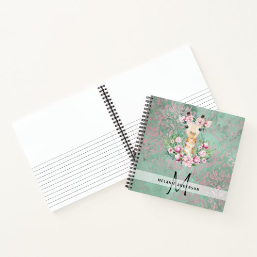 Monogram GIRAFFE Boho Bloemen Mooie Meisjesachtige Notitieboek (Binnen)
