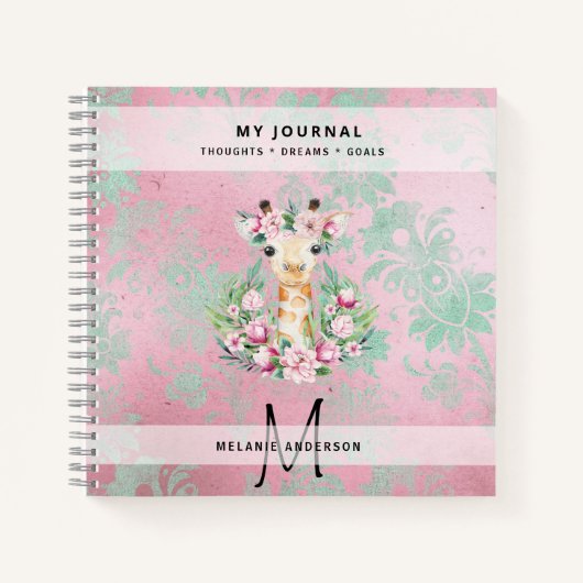 Monogram GIRAFFE Boho Bloemen Mooie Meisjesachtige Notitieboek (Voorkant)