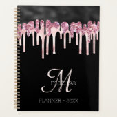 Monogram Girly Black & Roze druppelaar Glitter Gla Planner (Voorkant)