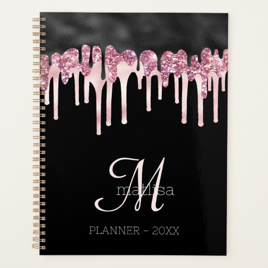 Monogram Girly Black & Roze druppelaar Glitter Gla Planner (Voorkant)