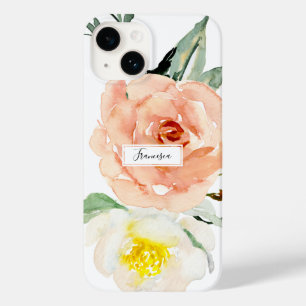 Monogram Girly Floral Waterverf Coral Flowers Case-Mate iPhone 14 Hoesje