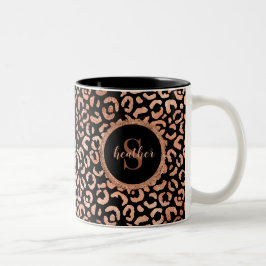 Monogram Girly Leopard Animal Print Tweekleurige Koffiemok