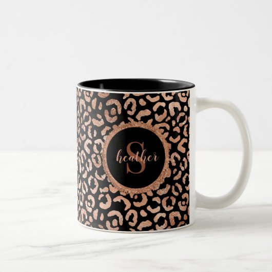 Monogram Girly Leopard Animal Print Tweekleurige Koffiemok (Rechts)