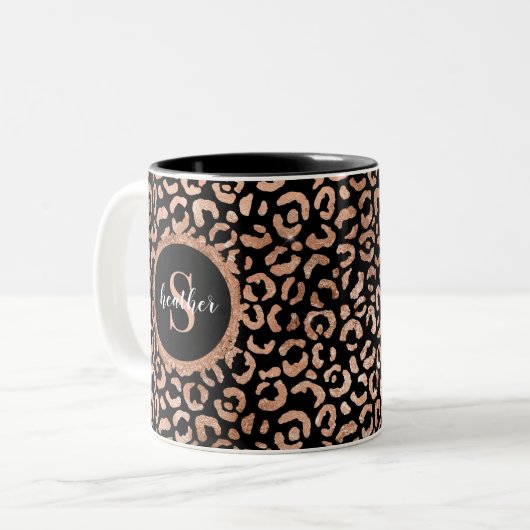 Monogram Girly Leopard Animal Print Two-Tone Coffe Tweekleurige Koffiemok (Voorkant links)
