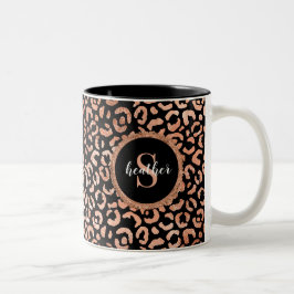 Monogram Girly Leopard Animal Print Two-Tone Coffe Tweekleurige Koffiemok